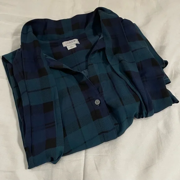 J. Crew Factory Black Watch Plaid Bow Neck Button Front Blouse (XL) - Picture 2 of 5